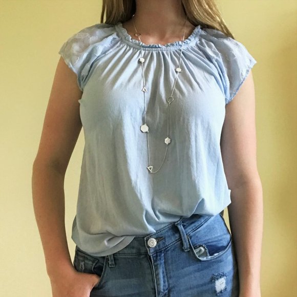 LOFT Tops - Loft Baby Blue Blouse Professional Lace Embroidery